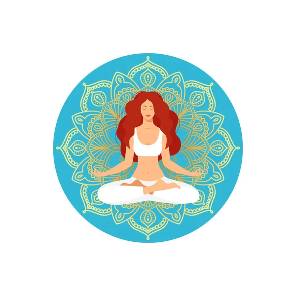 Poza Yoga Conceptul Meditație Femeie Poziția Lotus Fundal Mandala — Vector de stoc