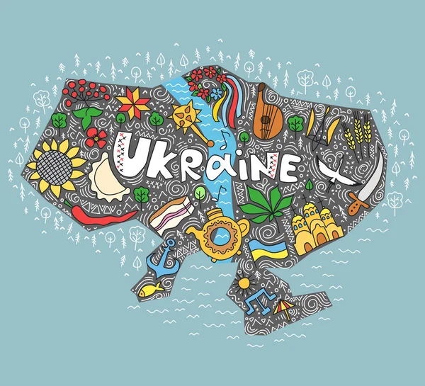 Ukraina Mapa Ręcznie Rysowane Doodle Stylu Szkic Liternictwem — Wektor stockowy