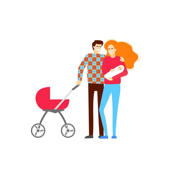 Familie Mit Kleinem Baby Und Kinderwagen Auf Weißem Hintergrund Vektorillustration — Stockvektor