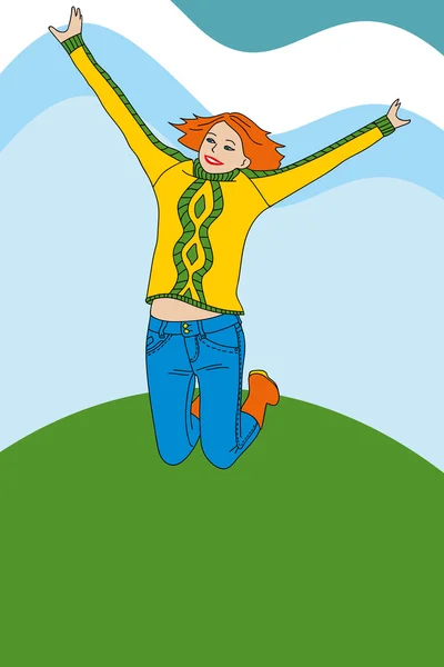 Ilustração de uma menina pulando ao ar livre — Vetor de Stock