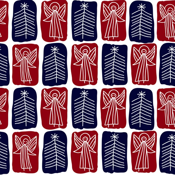 Illustration vectorielle de stock : fond sans couture avec les anges et les arbres de Noël — Image vectorielle