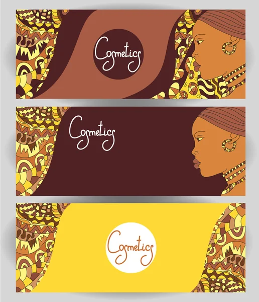Les bannières horizontales à la parfumerie et livret cosmétique avec ornement d'éléments dessinés à la main et fille africaine — Image vectorielle