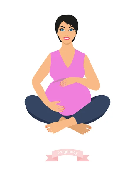 Retrato de una hermosa joven embarazada sentada en postura de yoga. mujer embarazada feliz, ilustración vectorial — Archivo Imágenes Vectoriales