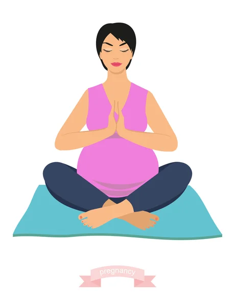 Retrato de una hermosa joven embarazada sentada en postura de yoga. mujer embarazada feliz, ilustración vectorial — Vector de stock