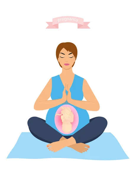 Retrato de una hermosa joven embarazada sentada en postura de yoga. mujer embarazada feliz, ilustración vectorial — Archivo Imágenes Vectoriales