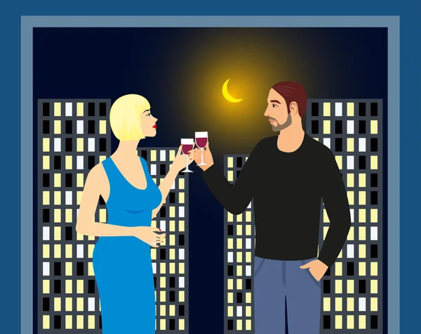 Adam ve kadın geceleri şehrin arka plan üzerinde şarap içme çizimi — Stok Vektör
