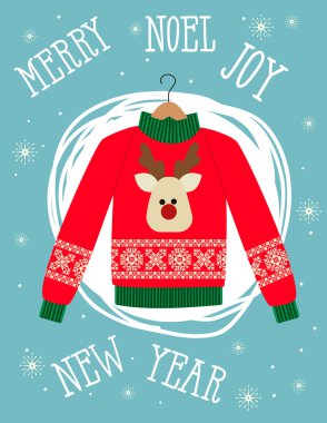 geyik ile kırmızı bir Noel kazağı Illustration. Komik tatil arka plan. Parlak Noel kartı.