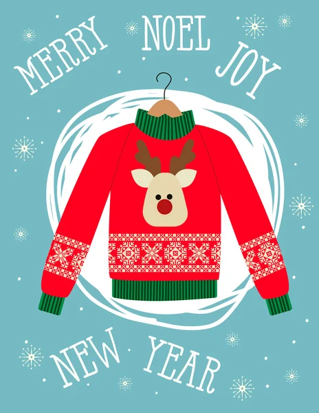geyik ile kırmızı bir Noel kazağı Illustration. Komik tatil arka plan. Parlak Noel kartı.
