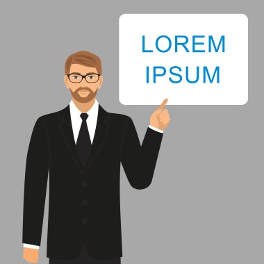 Gözlüklü bir adam ve bir takım boş beyaz holding bir boş sheet.businessman işaret gösteren kopya alanı boş beyaz afişini gösterme Kopyala yer tutan tasarlamak