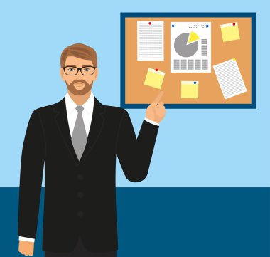 bir adam bir takım elbise ve tahtada gösterilen güneş gözlüğü ofisinde