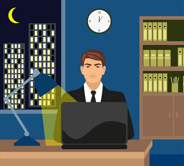 Erkek geç saatlere kadar onu laptop. İnternet'te sörf veya belki de geç saatlere kadar ile. Ay ışığının aydınlattığı şehir sahne pencereden arka planda görülebilir.