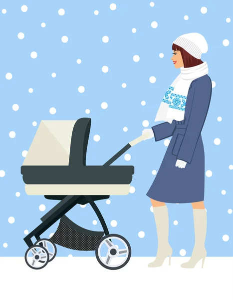 Женщина с коляской собирается на прогулку в течение прекрасной зимой. Молодая мать толкает детскую тележку — стоковый вектор