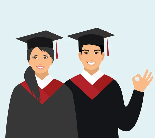 Chica y chico oriental apariencia graduados en batas — Vector de stock