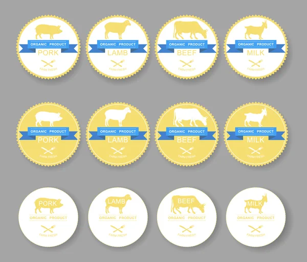 Set di etichette, distintivi ed elementi di design / carne di maiale, manzo, agnello, latte — Vettoriale Stock