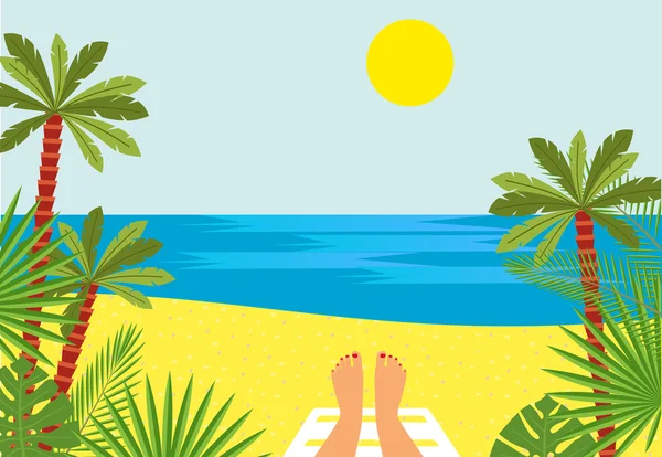 Pieds bronzés et la mer. jambes féminines contre la mer, plage avec palmiers — Image vectorielle