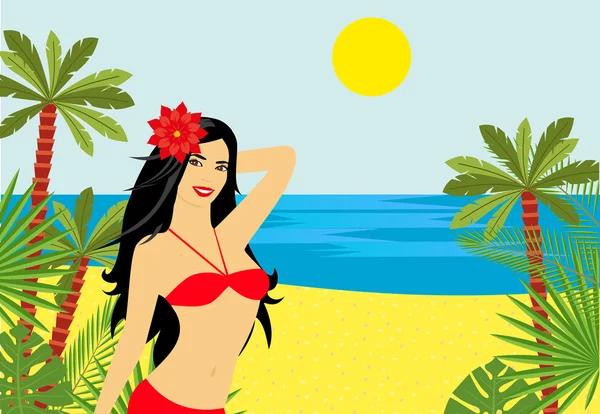 Belle fille avec une fleur dans les cheveux dans un bikini sur la plage — Image vectorielle