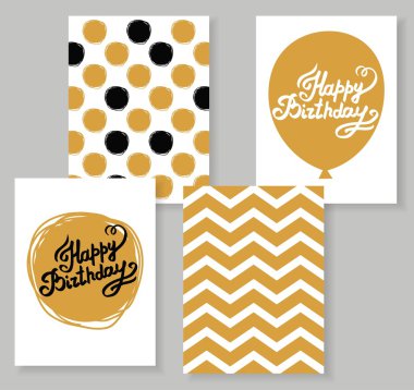 İyi ki doğdun yazı ve altın daireler ve çizgili desen vektör kartı