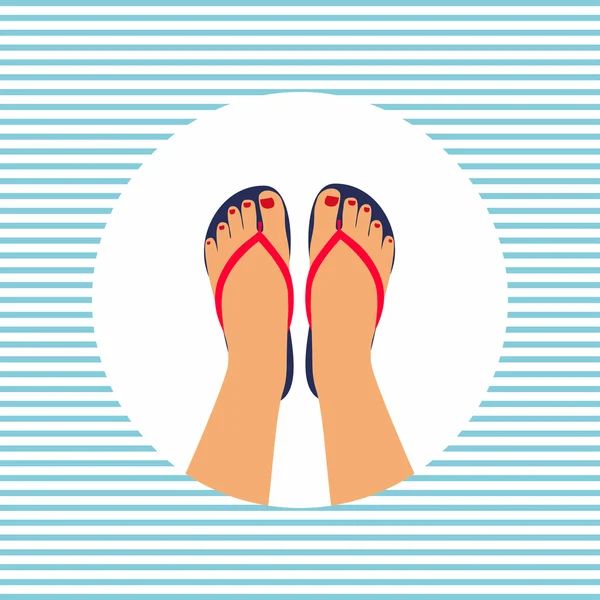 Ilustración vectorial pies femeninos con pedicura en las chanclas de verano. verano - concepto de fondo — Vector de stock