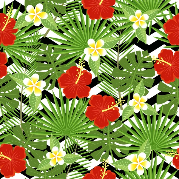 Feuilles et fleurs tropicales sans couture - palmier, monstère, hibiscus et plumeria — Image vectorielle