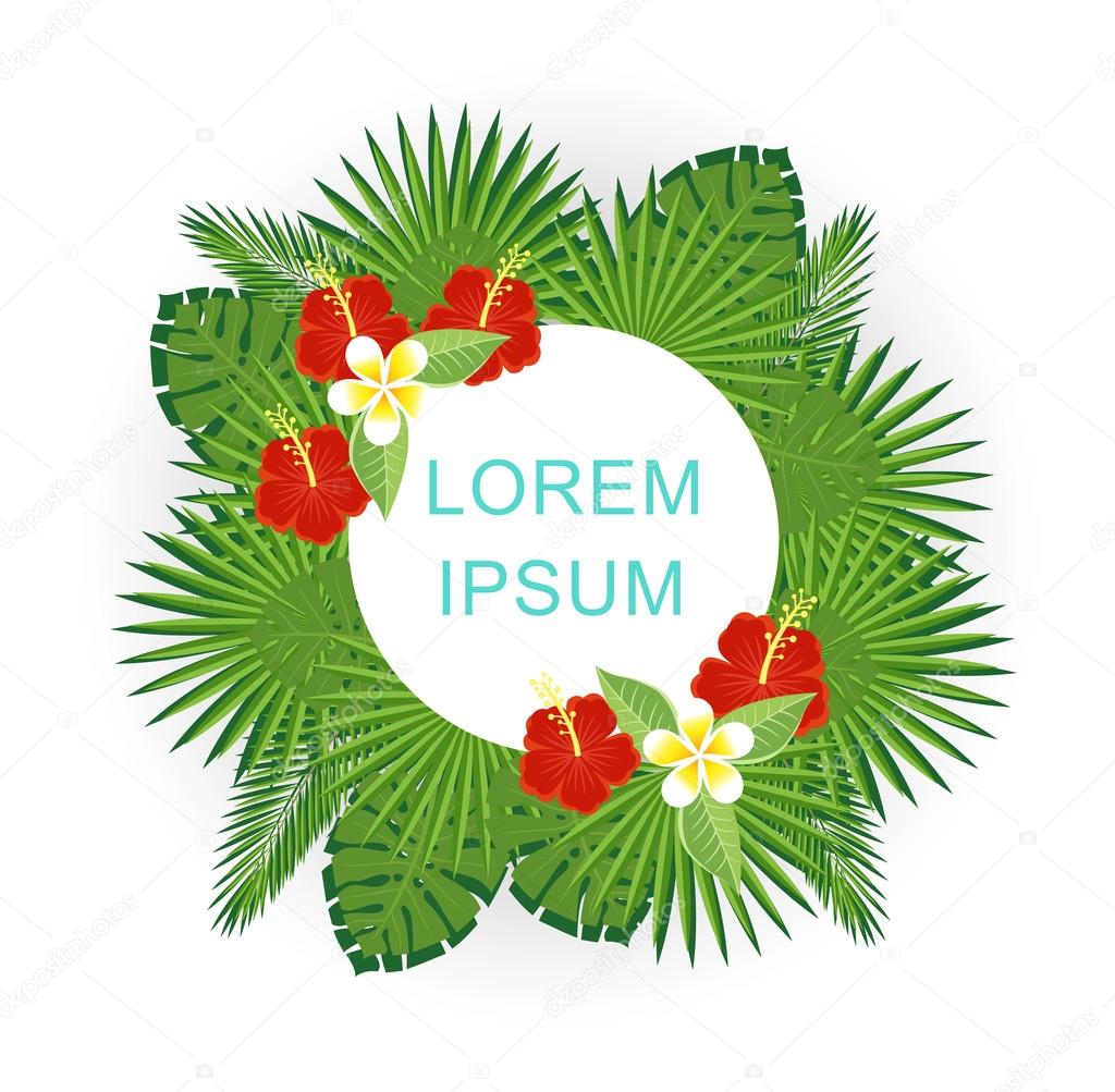 branches and leaves of tropical plants. Round floral frame with space for text.