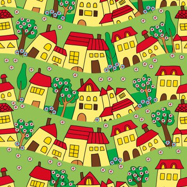 yeşil bir arka plan üzerinde evlerin seamless modeli