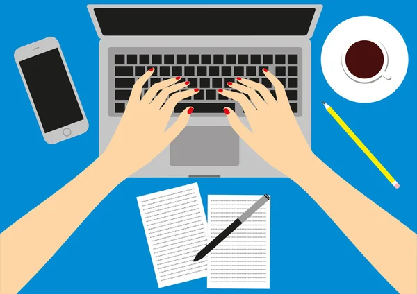 Hisse senedi vektör çizim: Kadınlar işyerinde. El masa laptop ekran vektör çizim iş insanlar üst görüntü açısı ofis yukarıda