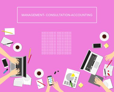 İşyerinde kavramlar için işletme, pazarlama yönetimi, Accounting.Women. Eller, Resepsiyon, laptop perde Üstten Görünüm.