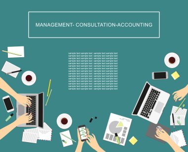 İşyerinde kavramlar için işletme, pazarlama yönetimi, Accounting.Women. Eller, Resepsiyon, laptop perde Üstten Görünüm.