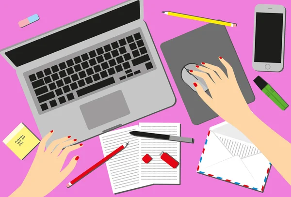 Kvinnor på arbetsplatsen. Ovansida av kvinnliga händer, skrivbord, laptop skärm, lager vektor illustration. — Stock vektor