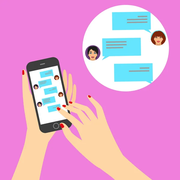 Skicka meddelanden till vänner via snabbmeddelanden. Kvinnlig hand hållande en smartphone med en chatt på displayen — Stock vektor