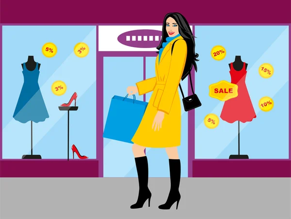 Shopping girl - Stock Illustration. fashionable girl with purchases for your design — Stock Vector