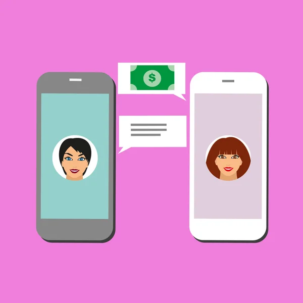 Transferencia de dinero a amigos a través de chat messager. Ilustración de dos smartphones . — Vector de stock