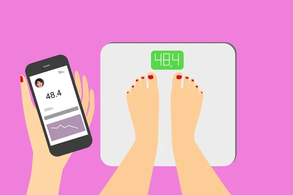Woman is getting information of his weight using mobile app for smart scales. — Stockvector