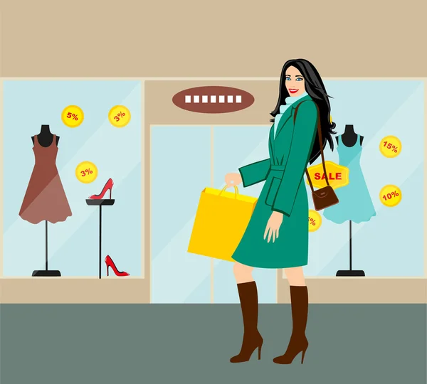 Shopping girl - Stock Illustration. fashionable girl with purchases for your design — Stock Vector