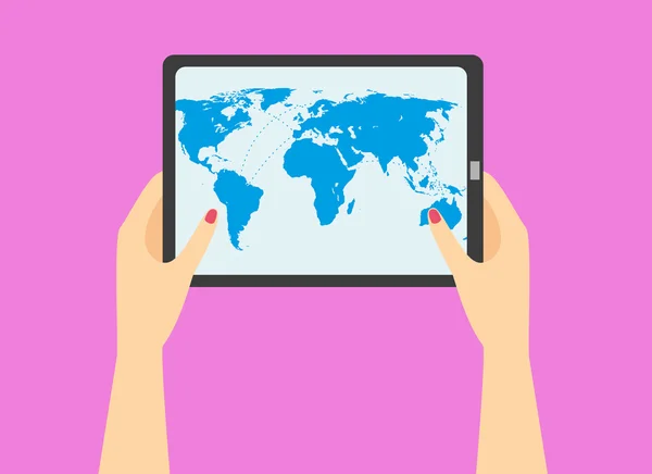 Frau in der Hand hält Tablet mit Weltkarte auf dem Bildschirm — Stockvektor