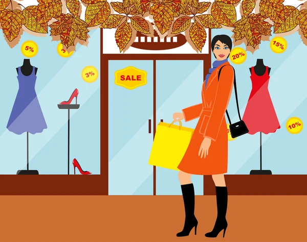 Shopping girl - Stock Illustration (en inglés). chica de moda con compras para su diseño — Vector de stock
