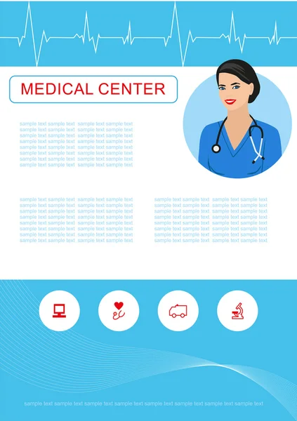 Centrum medyczne ulotki i broszury układ z ilustracja młodego doktora kobiece. — Wektor stockowy
