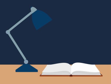 açık bir kitap ve okuma lâmbası masaya vektör çizimi