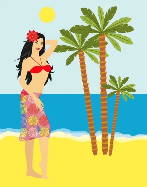 Belle fille en maillot de bain et paréos sur fond de mer et de palmiers — Image vectorielle