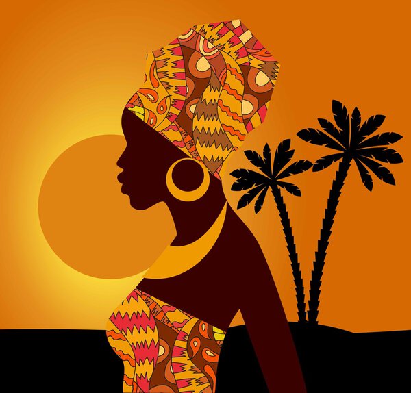 Tropical landscape. Beautiful black woman.African woman