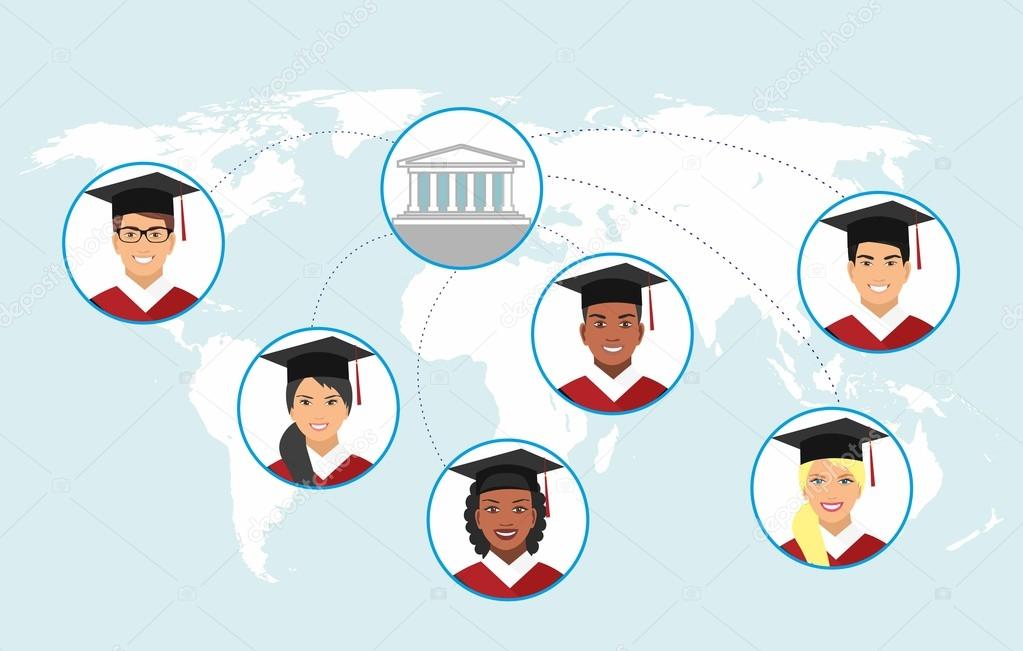 Concept of distance online and e-learning education. online education, distance learning, flat vector illustration. illustration with smiling students and the university in the center.