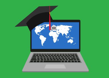 Uzaktan online ve e-öğrenme eğitim kavramı. on-line eğitim, uzaktan eğitim, düz vektör çizim. Harita üstünde belgili tanımlık perde ile dizüstü bilgisayar. Şapkalar mezunu