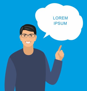 genç adam kabarcık metin için parmağını gösteren gülümseyen