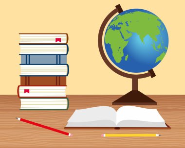 kitap, bir küre, masanın üzerinde açık bir kitap yığınını gösteren resim