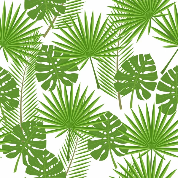 Hojas tropicales sin costura - palmera, monstera — Vector de stock