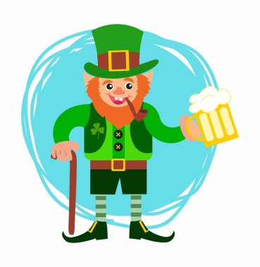 St.Patrick 's Day. gnome with a pipe and a glass of beer clipart
