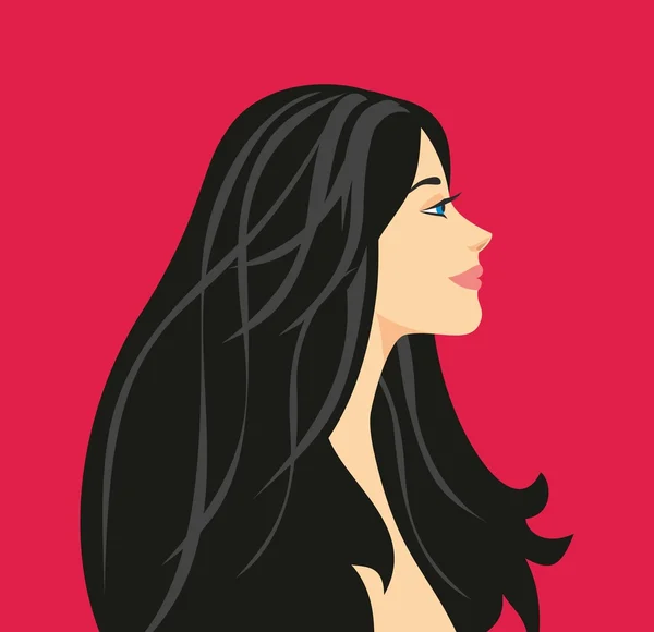 黒い長い髪を持つ美しい少女のプロファイルの図。少女の美容室の肖像画のための抽象的なロゴ. — ストックベクタ