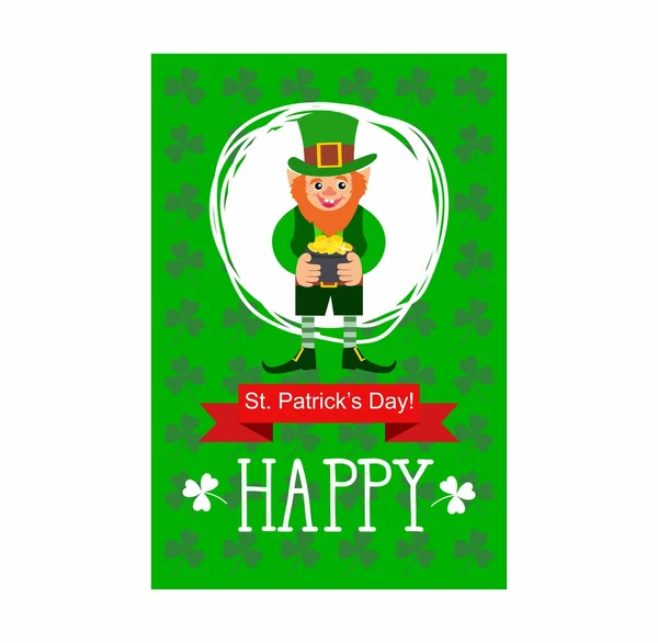 聖 Patrick の日カード。金の鍋とレプラコーン — ストックベクタ
