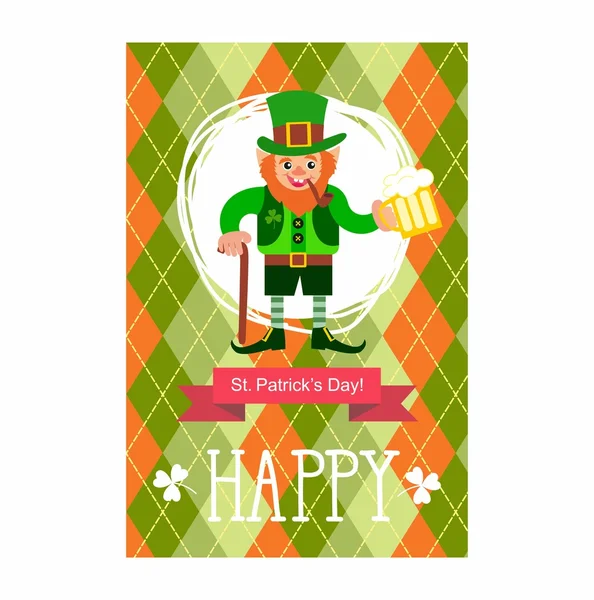 St. Patrick의 날 카드입니다. 막대기, 흡연 파이프와 맥주 한 잔 요정 — 스톡 벡터