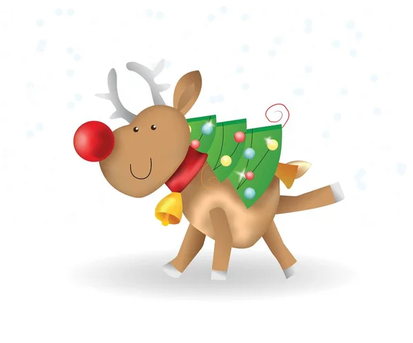 Cute Deer Running Christmas Tree New Year Illustration — Stock Vector